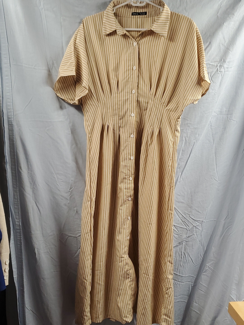 SHEIN Cream and Tan Striped Maxi Shirt Dress